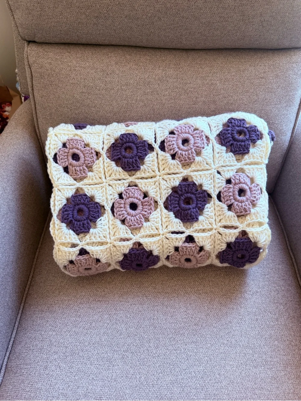 Handmade Crochet Granny Square blanket in Cream and Purple